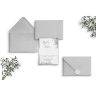 Zimowe zaproszenie ze złoceniem z&nbsp;obwolutą z&nbsp;kalki i&nbsp;piękną szarą kopertą