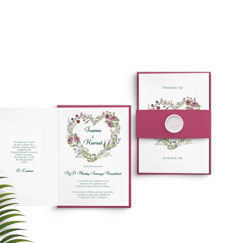 Piękne zaproszenie z motywem serca z dopasowaną kopertą i białym lakiem