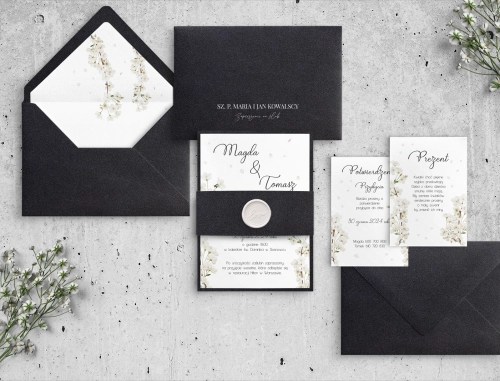 Eleganckie Zaproszenia ślubne Biały Czas z opaska i lakiem oraz z kopertą czarną perłową