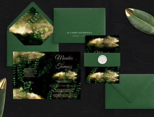 Zielone Zaproszenia ślubne Greenery - Składane z zieloną kopertą, opaską z papieru i lakiem