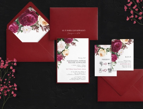 Piękne Bordowe Zaproszenia ślubne Fabello z papierem ozdobnym, dodatkowymi wkładkami i kopertą