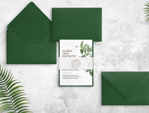 Piękne zaproszenie Meadow motyw 1 z kopertą i podklejką zieloną oraz opaską z kalki