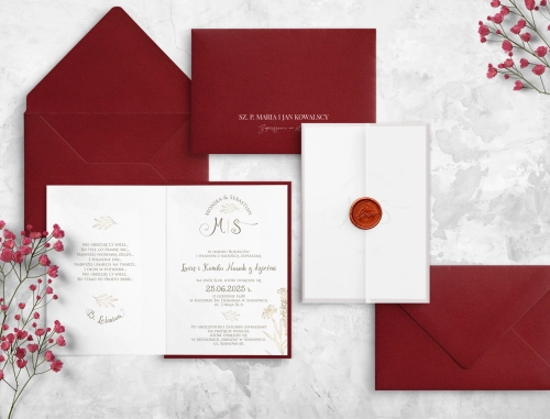 Zaproszenia ślubne Fiori - Składane z bordową kopertą i podklejką oraz lakiem