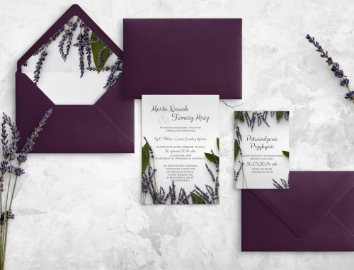 Lawendowe Zaproszenia ślubne Soft - Motyw 5 z piękną fioletową kopertą i wkładką