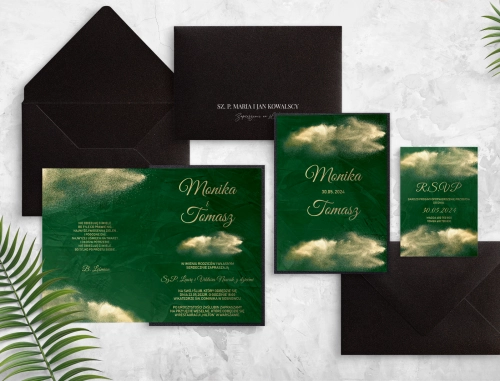 Zaproszenia ślubne Greenery - Składane z czarną kopertą, białą personalizacją i czarną podklejką