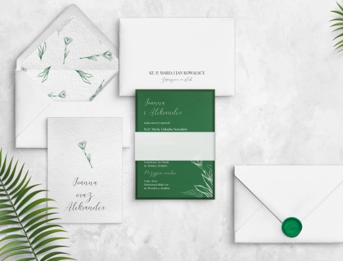 Zielone nowoczesne zaproszenie ślubne z kopertą, podklejką i lakiem zielonym