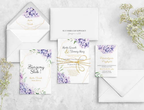Eleganckie Fioletowe Zaproszenia ślubne Flowers & Frame ze złotym sznurkiem, dodatkowymi kartami i kopertą