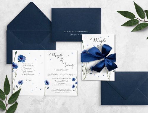 Niebieskie Zaproszenia ślubne Biały Czas z wstążką satynową oraz kopertą