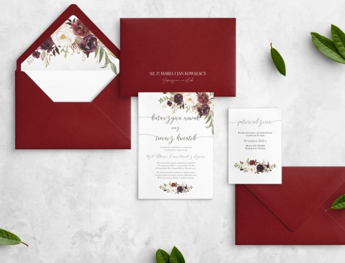 Bordowe Zaproszenia ślubne PasteLove z bordową kopertą, wkładką i białą personalizacją