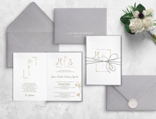 Eleganckie Zaproszenia ślubne Fiori ze kopertą srebrno perłową, podklejką oraz ze srebrnym sznurkiem