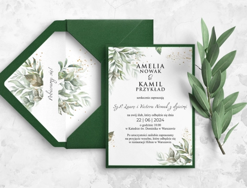 Delikatne Zaproszenia ślubne Leaves z zieloną kopertą, wklejką i papierem ozdobnym