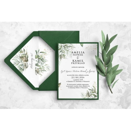 Delikatne Zaproszenia ślubne Leaves z zieloną kopertą, wklejką i papierem ozdobnym