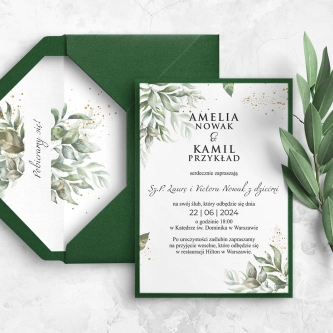 Zaproszenia ślubne Leaves z&nbsp;zieloną kopertą i&nbsp;wklejką