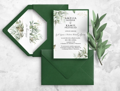 Delikatne Zaproszenia ślubne Leaves z zieloną kopertą, wklejką i papierem ozdobnym