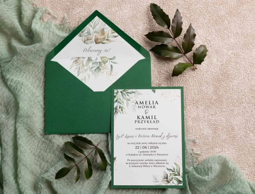 Zaproszenia ślubne Leaves z zieloną kopertą i wklejką