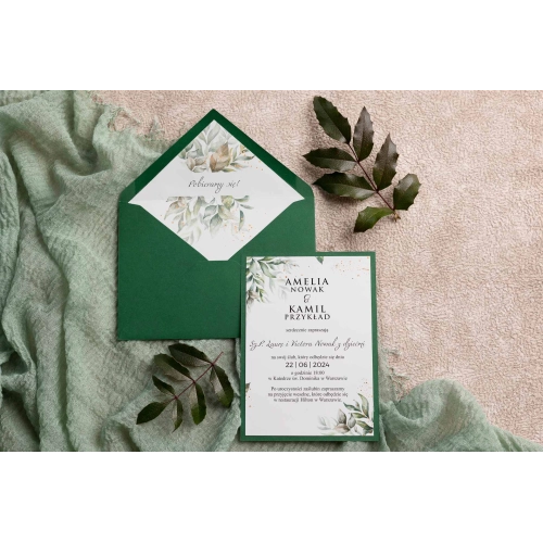 Zaproszenia ślubne Leaves z zieloną kopertą i wklejką