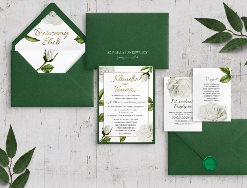 Eleganckie Zaproszenia ślubne Dream z podklejką, wkładkami i kopertą z zielonym lakiem