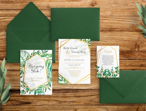 Zielone Zaproszenia ślubne Flowers & Frame z dodatkowymi kartami i koperta