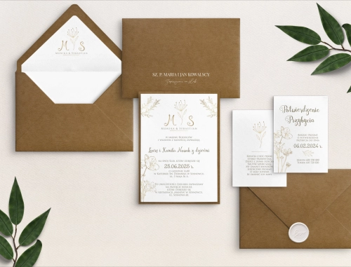 Rustykalne Zaproszenia ślubne Fiori z ekologiczną kopertą oraz podklejką, wklejka oraz lak i dwie dodatkowe wkładki