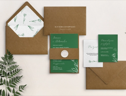 Zaproszenie Paper drukowane na papierze satynowym z pięknymi dodatkami ekologicznymi i lakiem w kolorze białym