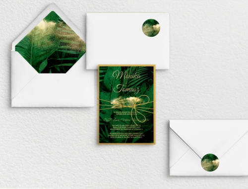 Botaniczne Zaproszenia ślubne Greenery z kopertą białą, wklejką i sznurkiem złotym