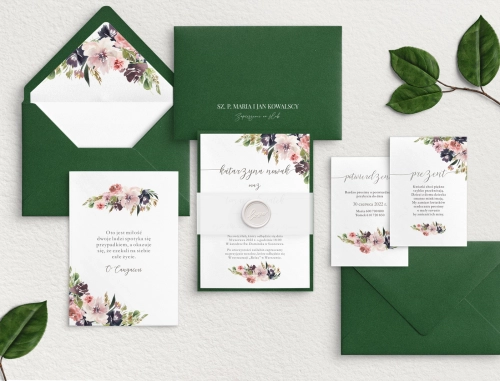 Zielone Zaproszenia ślubne PasteLove z zieloną kopertą, podklejką, wklejką, lakiem i obwolutą z kalki