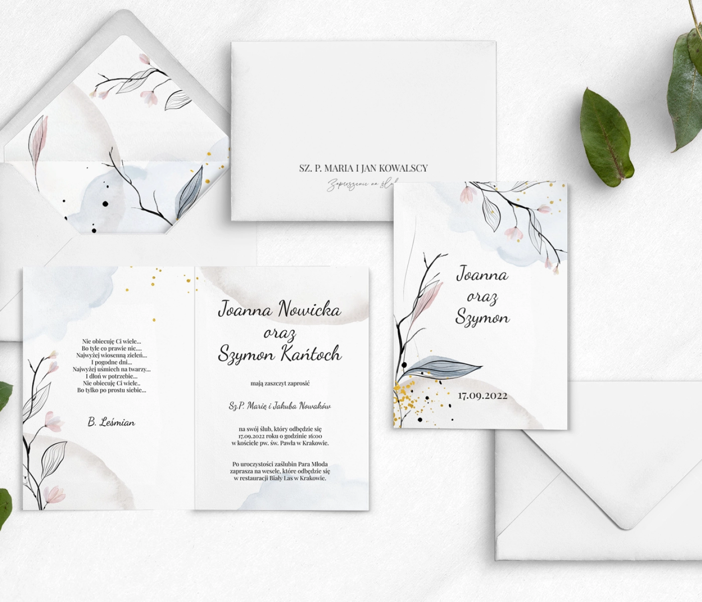 Delikatne akwarelowe składane  Zaproszenia ślubne Watercolor Wedding z kopertą i wklejką