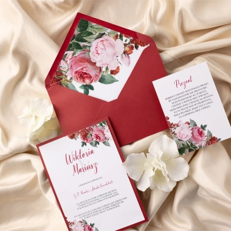 Romantyczne Zaproszenia ślubne Amore Rosso - motyw 1 z&nbsp;podklejką oraz dodatkową wkładką