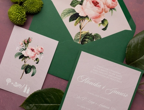 Oryginalne Zaproszenia ślubne Bella z zieloną kopertą i rebusem - Motyw 1