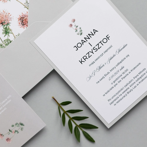 Minimalistyczne Zaproszenia ślubne Botanic w naturalnym szarym kolorze
