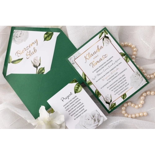 Zaproszenia ślubne Dream z białym kwiatem róży oraz listkami z papierem ozdobnym i kopertą