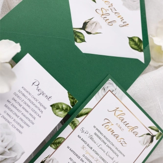 Zaproszenia ślubne Dream z&nbsp;białym kwiatem róży oraz listkami z&nbsp;papierem ozdobnym i&nbsp;kopertą