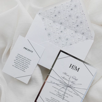 Zaproszenia ślubne Elegance z&nbsp;lustrzanym papierem ozdobnym i&nbsp;srebrnym sznurkiem