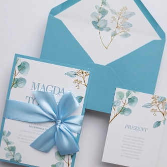Błękitne Zaproszenia ślubne Eukaliptus z&nbsp;kopertą, wkładką i&nbsp;satynową wstążką