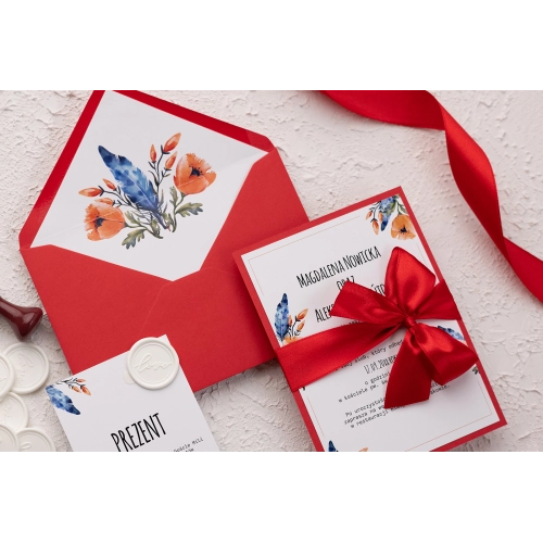 Zaproszenia ślubne Feather z czerwonymi dodatkami