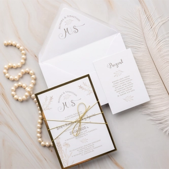 Zaproszenia ślubne Fiori ze złotą podklejką oraz złotym sznurkiem