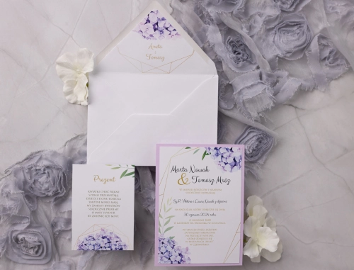 Fioletowe Zaproszenia ślubne Flowers & Frame z pięknym papierem ozdobnym oraz dodatkową wkładką