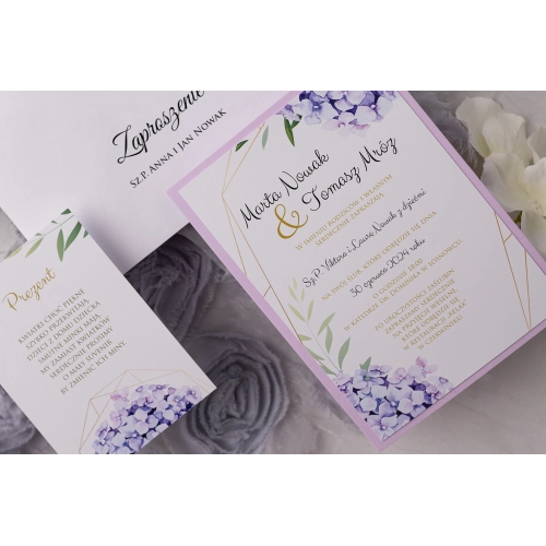 Fioletowe Zaproszenia ślubne Flowers & Frame z pięknym papierem ozdobnym oraz dodatkową wkładką