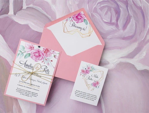 Zaproszenia ślubne Geometryczne Serce z pudrowo różową kopertą, papierem ozdobnym oraz złotym sznurkiem i wkładką