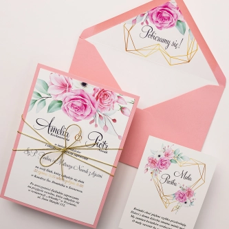 Zaproszenia ślubne Geometryczne Serce z&nbsp;pudrowo różową kopertą, papierem ozdobnym oraz złotym sznurkiem i&nbsp;wkładką