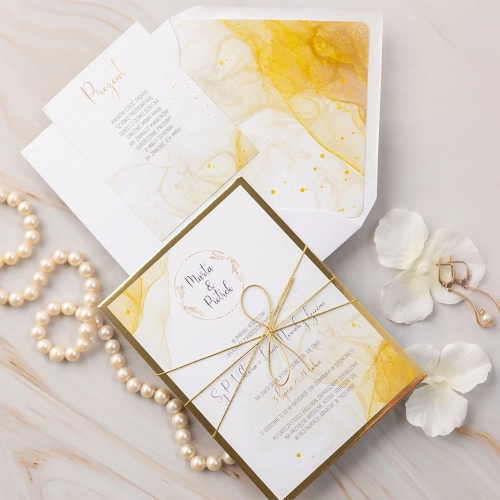 Eleganckie i nowoczesne Zaproszenia ślubne Glamour Ink z złotą podklejką i sznurkiem