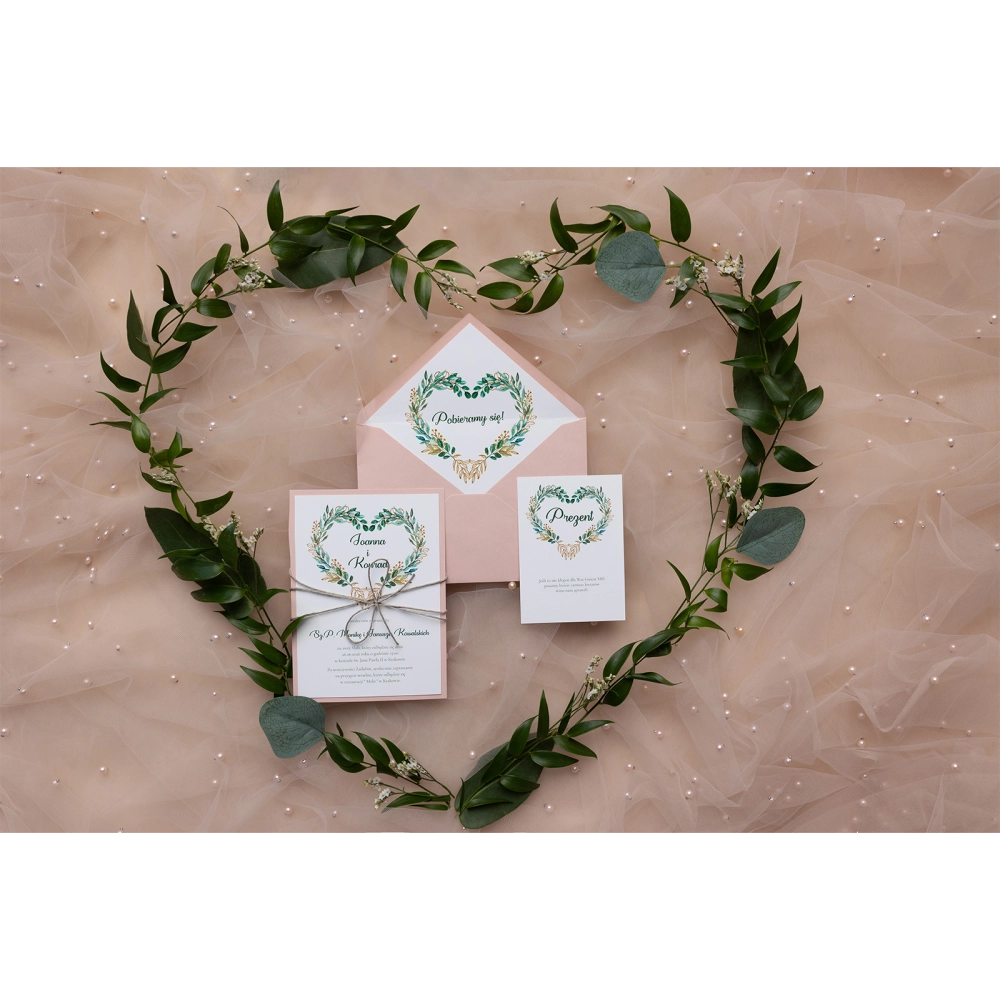 Rustykalne Zaproszenia ślubne Heart of Flowers z dodatkami, papierem ozdobnym i sznurkiem