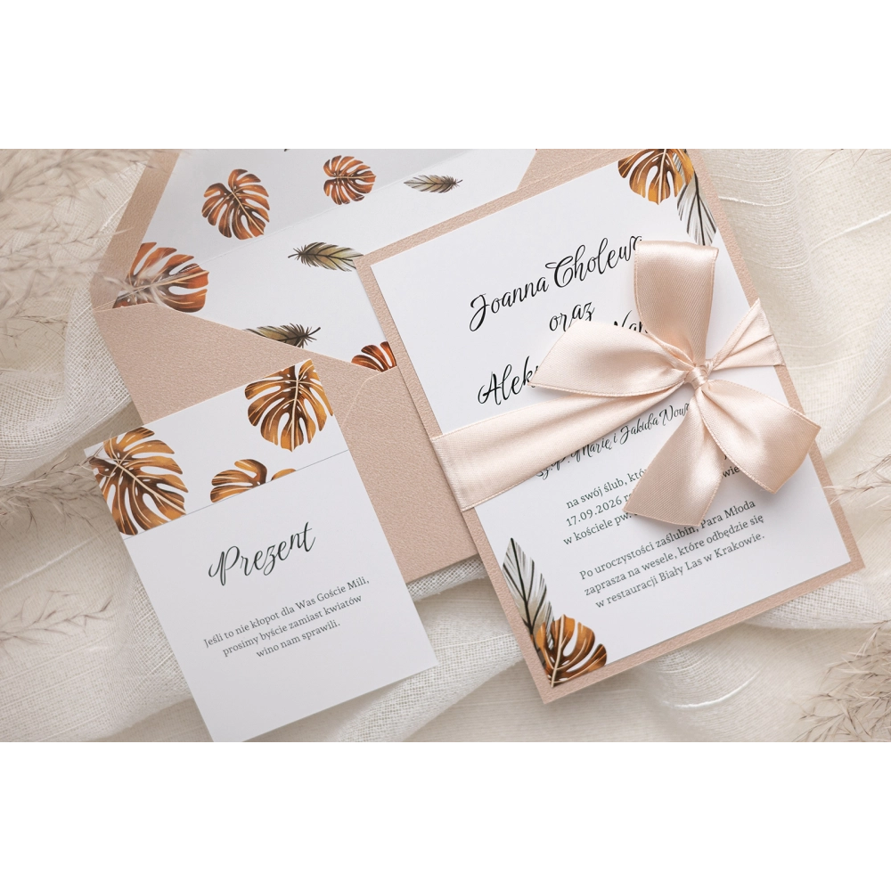 Beżowe Zaproszenia ślubne Jesienne Liście z papierem ozdobnym, wstążką i wkładką