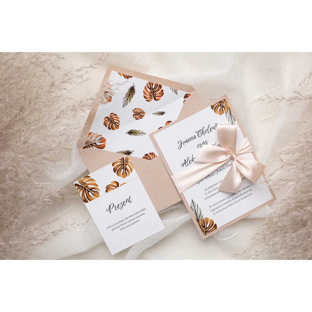 Zaproszenia ślubne Jesienne Liście w kolorze cappuccino z dodatakami