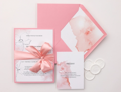 Różowe Zaproszenia na ślub ślubne Julietta z wstążką, kopertą i wkładką