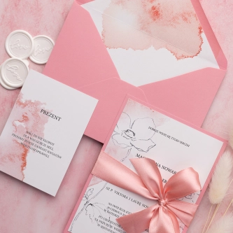 Różowe Zaproszenia na ślub ślubne Julietta z&nbsp;wstążką, kopertą i&nbsp;wkładką