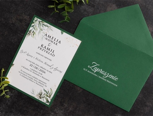Zaproszenia ślubne Leaves z zieloną podklejką i kopertą