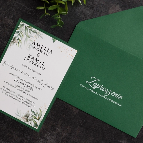 Zaproszenia ślubne Leaves z zieloną podklejką i kopertą
