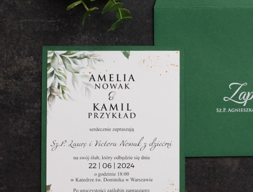Zaproszenia ślubne Leaves z zieloną podklejką i kopertą