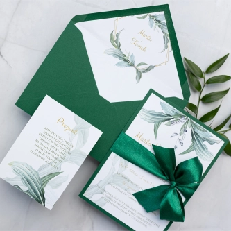 Zaproszenia ślubne Liście z&nbsp;zieloną wstążką, kopertą i&nbsp;dodatkową wkładką